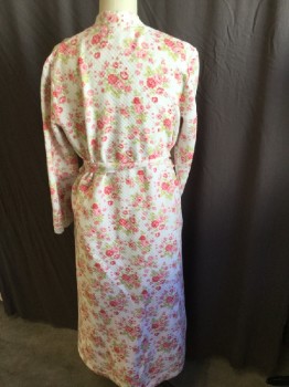 Womens, SPA Robe, CAROLE  HOCHMAN, Off White, Red, Pink, Lt Green, Cotton, Floral, S, Diamond Quilt, Self 2" Trim Open Front, Long Sleeves with White Lace, 2 Pockets, with Self Matching 1.5" Self Belt