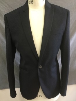 Mens, Sportcoat/Blazer, ZARA MAN, Midnight Blue, White, Polyester, Wool, Solid, Pin Dot, 38 S, Midnight Blue with White Pindot Pattern, Peaked Lapel, One Button Front, Slit PocketsFC039765