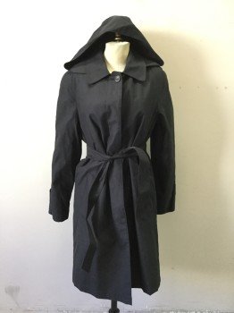 Womens, Coat, Trenchcoat, LONDON FOG, Black, Polyester, Nylon, Solid, XS, Button Front, Hidden Placket, Collar Attached, Detachable Hood, 2 Pockets, Self Belt, Button Tab Cuff, Zip-In Lining