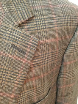 Mens, Sportcoat/Blazer, BROOKS BROTHERS, Lt Brown, Black, Dk Red, Wool, Plaid, 42R, Single Breasted, 2 Buttons, Notched Lapel, 3 Pocket,