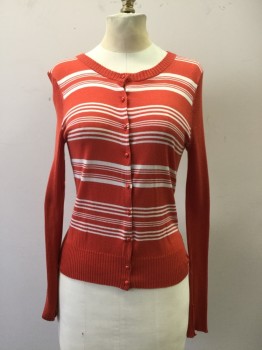 Womens, Sweater, MARC JACOBS, Orange, White, Silk, Cashmere, Stripes, S, Stripe Front, Solid Orange Long Sleeves/Back/Neck/Waistband, Button Front, Ribbed Scoop Neck, Ribbed Sleeves/Waistband *** Pull in Right Sleeve and Left Hip***