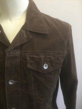 LANDS END, Brown, Cotton, Solid, Corduroy, Long Sleeves, Button Front, Collar Attached, 2 Pockets with Button Flap Closures, No Lining