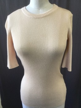 Womens, Pullover, VERONIQUE, Tan Brown, Gold, Viscose, Polyester, Solid, B:38, Rib Knit, 1/4 Sleeves, Crew Neck, Gold Metallic Micro Weave
