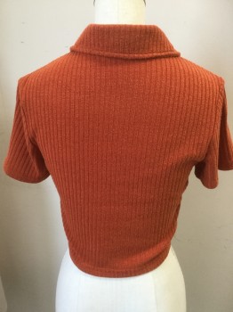 COTTON CANDY, Burnt Orange, Polyester, Spandex, Solid, Short Sleeves, 1/4 Zipper, Collar, Rib Knit,