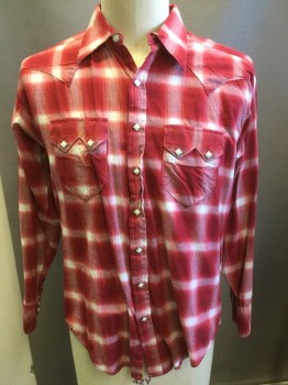 Mens, Western, ROCKMOUNT, Cherry Red, White, Cotton, Plaid, L, Collar Attached, Long Sleeves, White Square Button Snap Front, Pocket Flaps