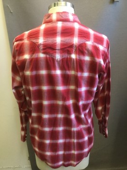 Mens, Western, ROCKMOUNT, Cherry Red, White, Cotton, Plaid, L, Collar Attached, Long Sleeves, White Square Button Snap Front, Pocket Flaps