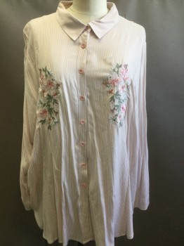 STYLE, White, Dusty Rose Pink, Green, Rayon, Stripes, Floral, Collar Attached, Button Front, Long Sleeves, Floral Embroidered Chest,
