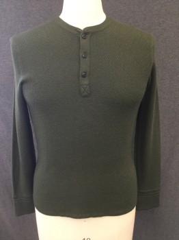 Mens, Pullover Sweater, RAG & BONE, Forest Green, Wool, Nylon, Solid, M, Henley, Waffle Knit, 3 Buttons,  Long Sleeves, Darker Green Back and Back Sleeve Stripe, Ribbed Knit Crew Neck/Placket/Cuff, External Seams Down Side and Under Sleeves