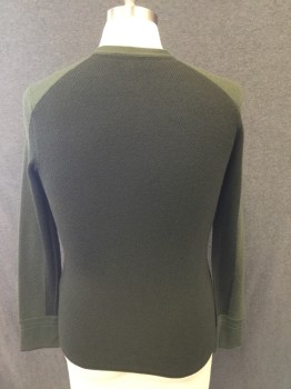 Mens, Pullover Sweater, RAG & BONE, Forest Green, Wool, Nylon, Solid, M, Henley, Waffle Knit, 3 Buttons,  Long Sleeves, Darker Green Back and Back Sleeve Stripe, Ribbed Knit Crew Neck/Placket/Cuff, External Seams Down Side and Under Sleeves