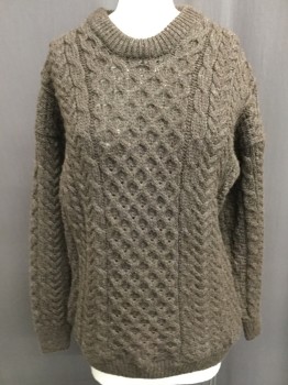 Womens, Pullover, ORVIS, Brown, Wool, Diamonds, Cable Knit, M, Heathered Brown, Diamond Brocade, Cable, Basket Weave Pattern, Crew Neck, FC052768