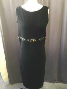 ST JOHN, Black, Gold, Polyester, Rayon, Solid, Rib Knit, Ballet Neck, Sleeveless, Empire Leather Waist W/gold Shoe Eye and Buckle, Calf Length