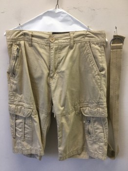 Mens, Shorts, ECKO, Khaki Brown, Cotton, Solid, 30, Khaki Rip stop, Cargo, Flat Front, Zip Front, 7 Pockets, with SELF BELT-khaki with Metal D-ring