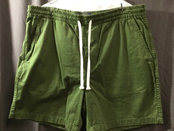 Mens, Swim Trunks, J.CREW, Olive Green, Cotton, Polyester, Solid, L, Olive, Elastic & White D-string Waistband, 2 Side Pockets