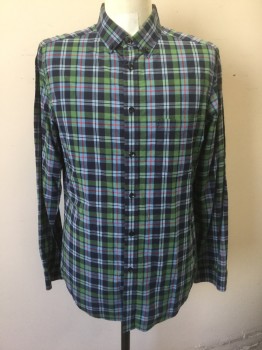 GOODFELLOW , Navy Blue, Green, Lt Blue, Red, White, Cotton, Plaid, Long Sleeve Button Front, Collar Attached, Button Down Collar, 1 Pocket, Has a Double