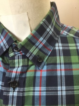 GOODFELLOW , Navy Blue, Green, Lt Blue, Red, White, Cotton, Plaid, Long Sleeve Button Front, Collar Attached, Button Down Collar, 1 Pocket, Has a Double