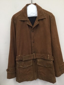 Mens, Jacket, MTO, Brown, Cotton, Solid, 36, Canvas, Notched Lapel with Collar, 5 Snap Closure, 2 Pockets with Flaps with Self Belt. Button Down Tabs at Cuffs. Aged Lightly, Yoke Back at Shoulders, Adjustable D. Rings at Waist