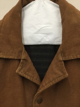 Mens, Jacket, MTO, Brown, Cotton, Solid, 36, Canvas, Notched Lapel with Collar, 5 Snap Closure, 2 Pockets with Flaps with Self Belt. Button Down Tabs at Cuffs. Aged Lightly, Yoke Back at Shoulders, Adjustable D. Rings at Waist