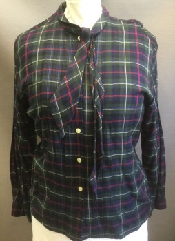 Womens, Blouse, N/L, Navy Blue, Dk Green, Red, Yellow, Periwinkle Blue, Rayon, Plaid, 14, Long Sleeve Button Front, Stand Collar with Self Bow Ties, Pleated at Center Front at Either Side of Button Placket,