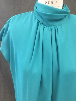 Womens, 1980s Vintage, Dress, MISTER JAY, Teal Green, Polyester, Solid, W 38, B 44, Long Chiffon Dress, Cap Sleeve, Gathered Mock Turtleneck, Gathered at Center Front Neck, Zip Back, Snaps on Shoulder Attach to Jacket
