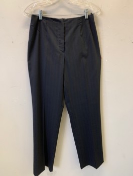 Womens, Suit, Pants, PIAZZA SEMPIONE, Charcoal Gray, Navy Blue, Wool, Spandex, Stripes - Vertical , W:28, M, Pants, High Waist, Straight Slightly Loose Leg, Zip Fly with Unusual Flap Hidden on Inside, Darts at Waist, No Pockets
