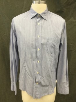 HARTFORD, Lt Blue, Gray, White, Cotton, Stripes, Button Front, Collar Attached, Long Sleeves, 1 Pocket, Button Cuff