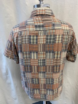 URBAN OUTFITTERS, Beige, Gray, Brown, Yellow, Cotton, Patchwork Plaid, Collar Attached, Zip Front, Short Sleeves, 1 Pocket