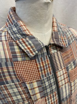 URBAN OUTFITTERS, Beige, Gray, Brown, Yellow, Cotton, Patchwork Plaid, Collar Attached, Zip Front, Short Sleeves, 1 Pocket