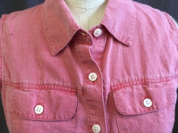 N/L, Dusty Red, Cotton, Solid, Collar Attached, Button Front, 2 Pockets with Flap, Sleeveless, Curved Hem with 2" Side Split Hem