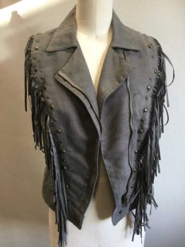 Womens, Vest, DOUBLE ZERO, Gray, Polyester, Solid, S, Gray, Collar Attached, Off Side Zip Front, Brass Studs & Fringe  Front & Back Yoke Detail Work