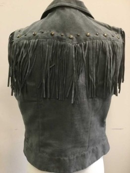 Womens, Vest, DOUBLE ZERO, Gray, Polyester, Solid, S, Gray, Collar Attached, Off Side Zip Front, Brass Studs & Fringe  Front & Back Yoke Detail Work