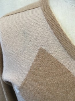 Mens, Sweater, NEIL NORMAN, Tan Brown, Cream, Brown, Dk Brown, Cashmere, Argyle, M, Pull On, V-neck, Long Sleeves, Slightly Pilled, Lightly Aged