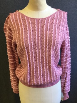 AGATHA /JACK DONSKY, Pink, Lt Pink, Acrylic, Polyester, Stripes - Vertical , Textured Knit, Woven Stripes with Lt Pink Interwoven Stripes of Ribbon, Long Sleeves, Pullover, Bateau/Boat Neck, 2 Self Covered Buttons on Each Shoulder