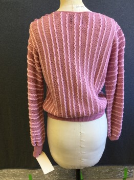 AGATHA /JACK DONSKY, Pink, Lt Pink, Acrylic, Polyester, Stripes - Vertical , Textured Knit, Woven Stripes with Lt Pink Interwoven Stripes of Ribbon, Long Sleeves, Pullover, Bateau/Boat Neck, 2 Self Covered Buttons on Each Shoulder