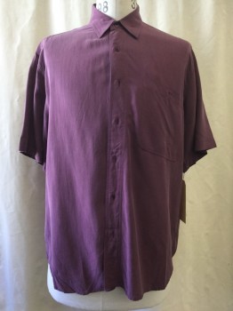WHITBY, Purple, Silk, Solid, Sand Wash Silk, Button Front, Collar Attached, Short Sleeves, 1 Patch Pocket