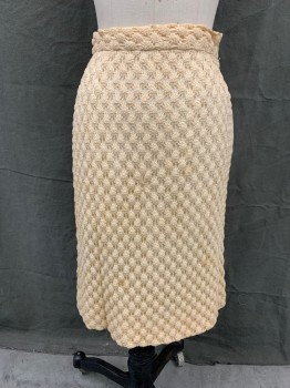 SUE BRETT, Ecru, Cotton, Silk, Solid, Bubble Crochet, Side Zip Pencil Skirt * Brown Spots Throughout*