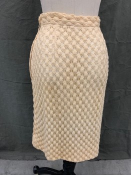 Womens, 1960s Vintage, Skirt, SUE BRETT, Ecru, Cotton, Silk, Solid, W 24, Bubble Crochet, Side Zip Pencil Skirt * Brown Spots Throughout*
