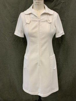 Womens, Nurses Dress, PASCAL, White, Polyester, Solid, 36, 1/2 Zip Front, Ribbed Knit Front Yoke/ Collar Attached/ Short Sleeves, 2 Hip Pocket, 2 Button Tabs Over Yoke