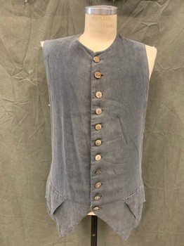 Mens, Historical Fiction Vest, MTO, Gray, Cotton, Solid, 40, Faded, Wooden Button Front, 2 Flap Pockets, Round Neck, Off White Back, Vented at Sides and Back Hem, Made To Order 1700's Reproduction *Repair at Right Underarm*