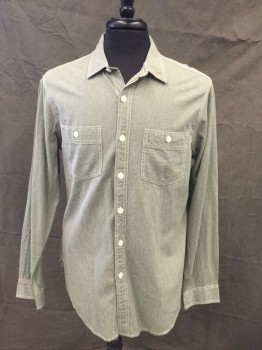 WALLACE & BARNES, Green, Cotton, Heathered, Green Denim with White Stitching, Button Front, Collar Attached, Long Sleeves, Button Cuff, 2 Patch Button Pockets