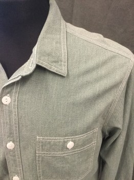 WALLACE & BARNES, Green, Cotton, Heathered, Green Denim with White Stitching, Button Front, Collar Attached, Long Sleeves, Button Cuff, 2 Patch Button Pockets
