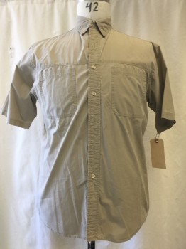 LANDS END, Khaki Brown, Cotton, Solid, Button Front, Collar Attached, Short Sleeves, 2 Pockets,