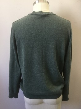 Mens, Pullover Sweater, BANANA REPUBLIC, Sage Green, Olive Green, Wool, Cashmere, Heathered, L, V-neck, Rib Knit, Collar Cuffs and Waistband, Rolled Edge and Cuffs and Raised Seams at Neck Shoulder and Arms-eyes