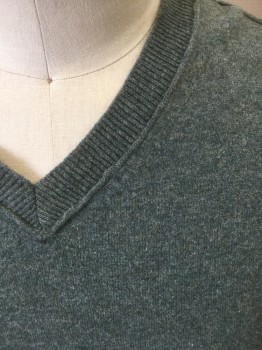 Mens, Pullover Sweater, BANANA REPUBLIC, Sage Green, Olive Green, Wool, Cashmere, Heathered, L, V-neck, Rib Knit, Collar Cuffs and Waistband, Rolled Edge and Cuffs and Raised Seams at Neck Shoulder and Arms-eyes