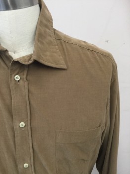 MASON'S, Tan Brown, Cotton, Solid, Corduroy, Button Front, Collar Attached, Long Sleeves, 1 Pocket