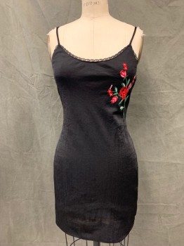 Womens, Cocktail Dress, LOLA, Black, Synthetic, Solid, B:32, 4, Textured Black with Red/Green/Pink Rose Floral Embroidery, Scoop Neck, Lace Trim, Spaghetti Straps, Back Zip, Slip Dress