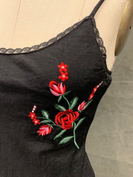 Womens, Cocktail Dress, LOLA, Black, Synthetic, Solid, B:32, 4, Textured Black with Red/Green/Pink Rose Floral Embroidery, Scoop Neck, Lace Trim, Spaghetti Straps, Back Zip, Slip Dress