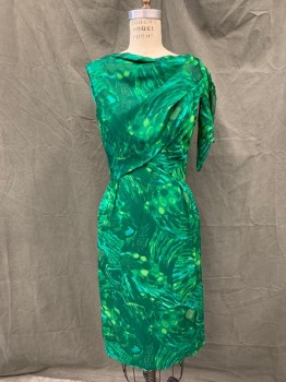 JEUNESSE, Dk Green, Kelly Green, Lt Green, Acetate, Cotton, Abstract , Abstract Chiffon Over Solid Green Cotton, Sleeveless, Pleated Draped Neck, Attached Gathered Shoulder Bow, Zip BackGathered Skirt, Hem Below Knee, * Couple of Holes in Chiffon