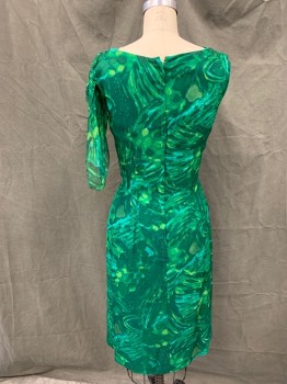 JEUNESSE, Dk Green, Kelly Green, Lt Green, Acetate, Cotton, Abstract , Abstract Chiffon Over Solid Green Cotton, Sleeveless, Pleated Draped Neck, Attached Gathered Shoulder Bow, Zip BackGathered Skirt, Hem Below Knee, * Couple of Holes in Chiffon