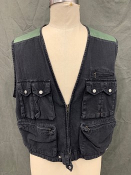 Mens, Wilderness Vest, ON THE BRINK, Faded Black, Forest Green, Linen, Cotton, Color Blocking, XL, Faded Black Front, 1/2 Zip Front, 5 Pockets, Forest Green Nylon Quilted Back, Button Tabs at Back Waistband