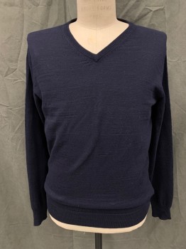 Mens, Pullover Sweater, J. CREW, Navy Blue, Cotton, Solid, M, V-neck, Long Sleeves, Ribbed Knit Neck/Waistband/Cuff